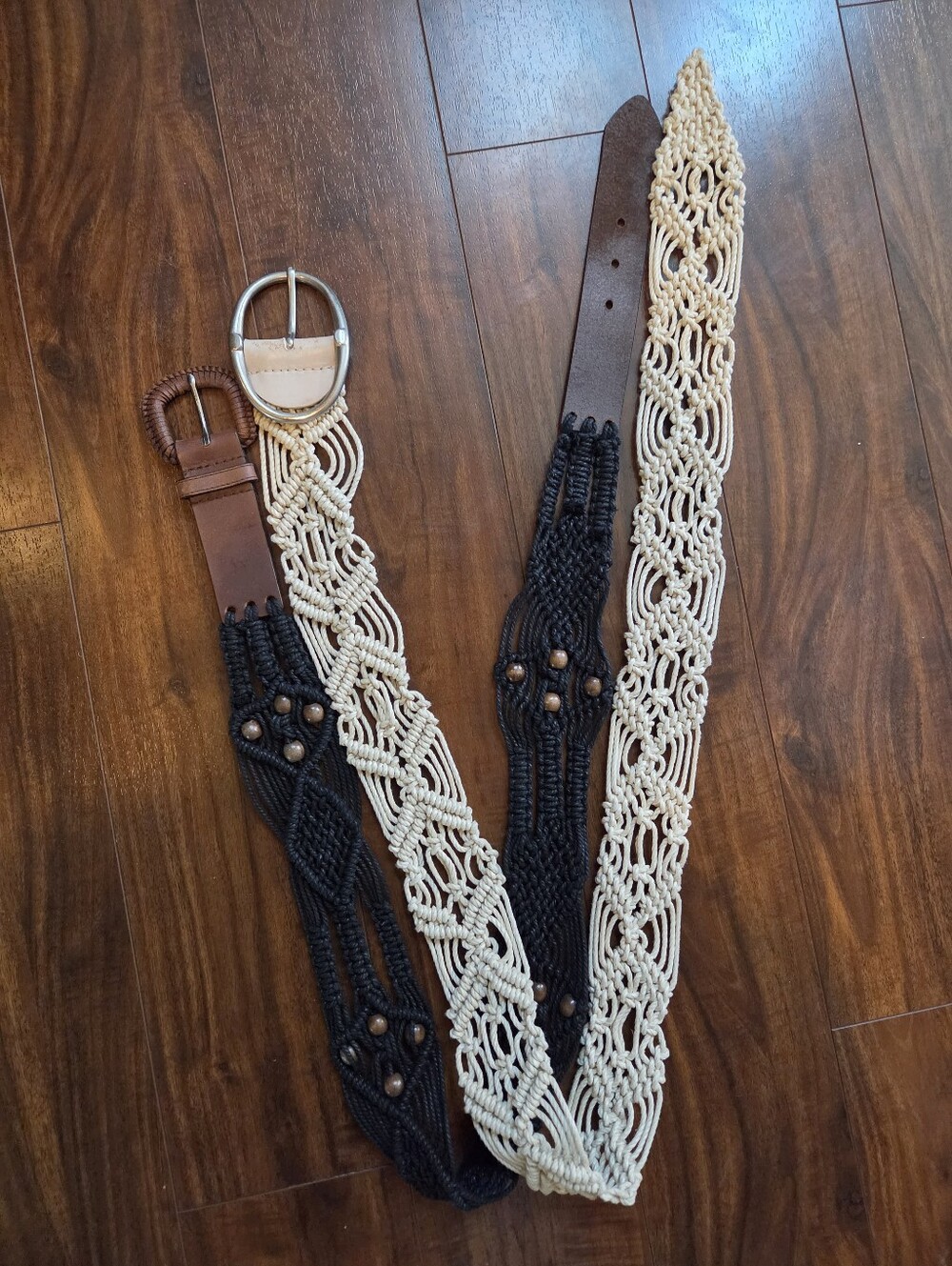 Boho Macramé Braided Leather Belts - Cream, Black & Brown - Bundle Of 2 Size XL